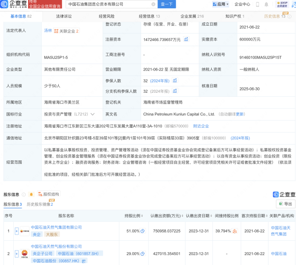 玖联优配 中石油昆仑资本公司增资至约147.2亿